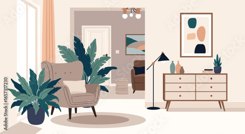 Cozy living room interior design with plants and furniture