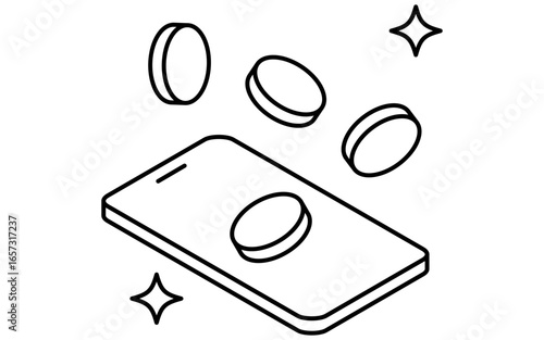 スマホと配当金を受け取るイメージのフィンテックアイコン、白黒