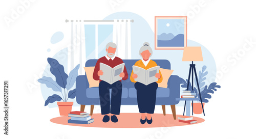 Elderly couple reading books together on sofa at home
