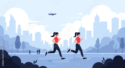 Two women enjoying a morning run in a city park