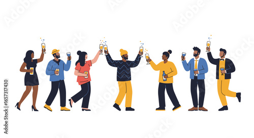 Friends celebrating together with champagne toasts and sparkling confetti