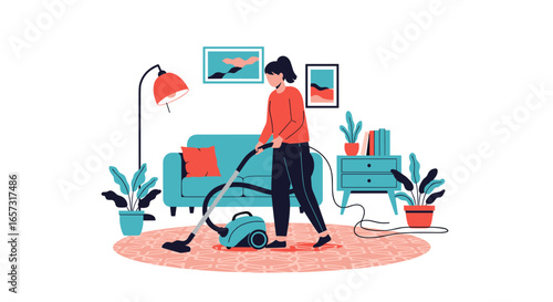 Woman vacuuming carpet in a cozy living room
