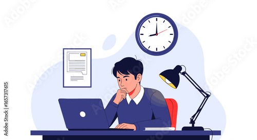 Man working hard at desk with laptop and clock showing time