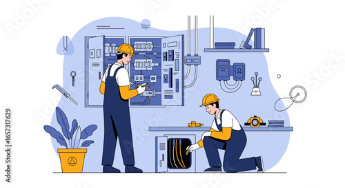Electricians inspecting and repairing electrical systems in a workshop