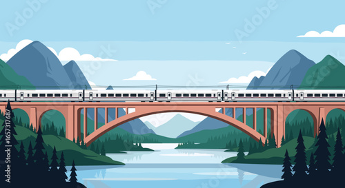 Modern train crossing scenic river bridge amidst mountains