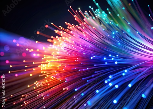 Glowing fiber optic cables in a dark abstract environment with vibrant colors and patterns