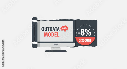 Promotional graphic design for an outdated computer model with a discount offer.
