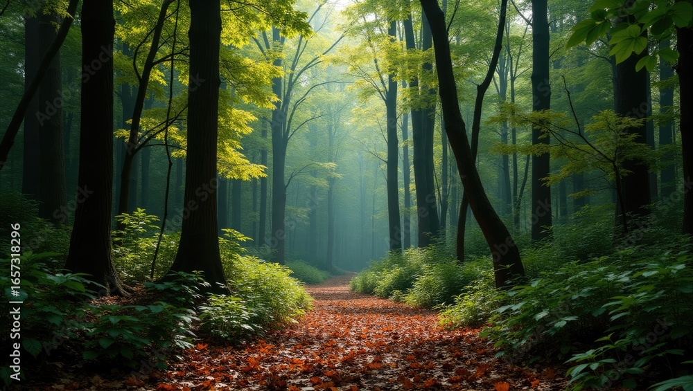 Obraz premium Misty forest path lined with tall trees.