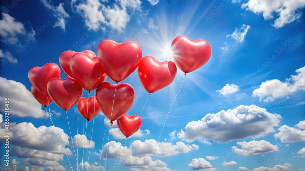 Fototapeta premium Heart shaped balloons floating in the clear blue sky with a few wispy clouds