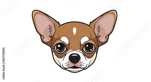 A cute cartoon illustration of a brown and white chihuahua dog's head on a white background.