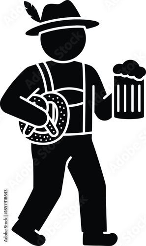 A jovial Bavarian man strolls, beer stein and pretzel in hand, embodying Oktoberfest spirit. Celebration with Oktoberfest Food and Drink
