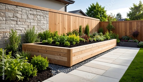 Wooden planter box in a landscaped backyard setting.
