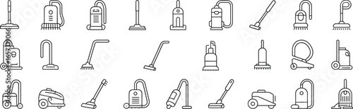 Vacuum cleaner icons, cleaning equipment, housework tools, electric vacuum, modern appliances, floor cleaning, home hygiene, dust removal, suction power, flat vector illustration