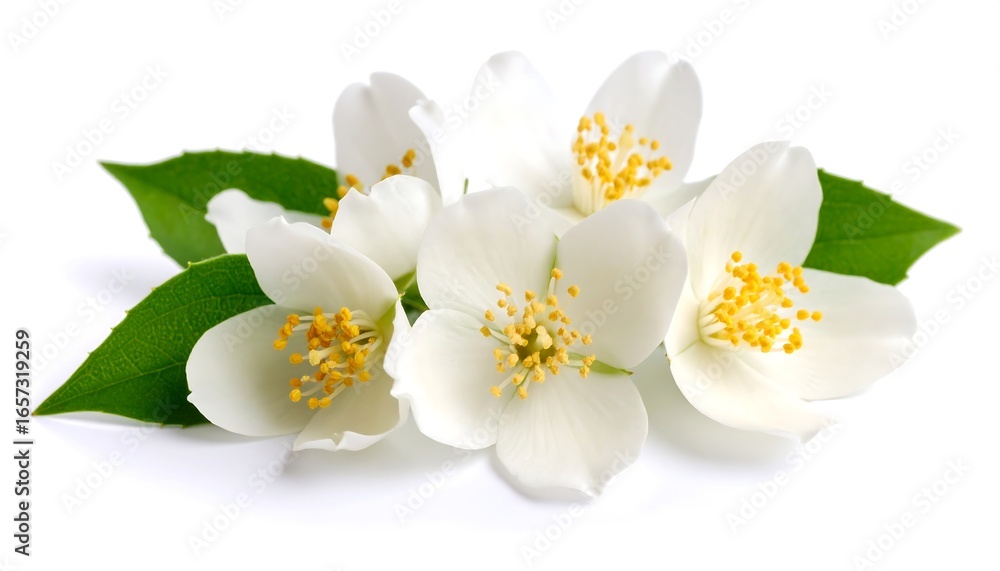 Obraz premium Arrangement of pristine white jasmine flowers with vibrant yellow stamens on white background