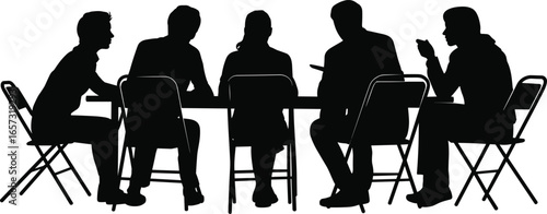 Silhouette of Business Team in Meeting, Group Discussion Around Table, Brainstorming Session, Corporate Collaboration, Strategy Planning on White Background