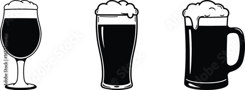 A monochrome illustration of three different beer glasses filled with dark liquid and foamy head. Celebration with Oktoberfest Food and Drink