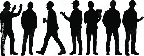 Silhouette of Construction Workers in Safety Helmets, Discussing and Working on Site, Industrial Team, Labor Force in Black Outline