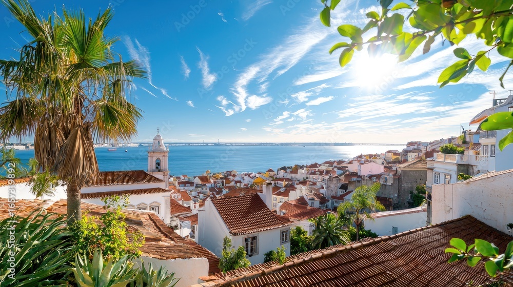 Fototapeta premium Stunning View of Lisbon City with Bright Sunlight and Charming Rooftops by the Water