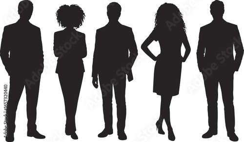 Silhouette of Diverse Business Team Standing Together, Professional People in Office Attire, Corporate Unity, Modern Workforce Concept on White Background