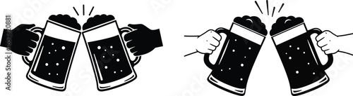 Two hands holding beer mugs clinking together in celebration. Celebration with Oktoberfest Food and Drink