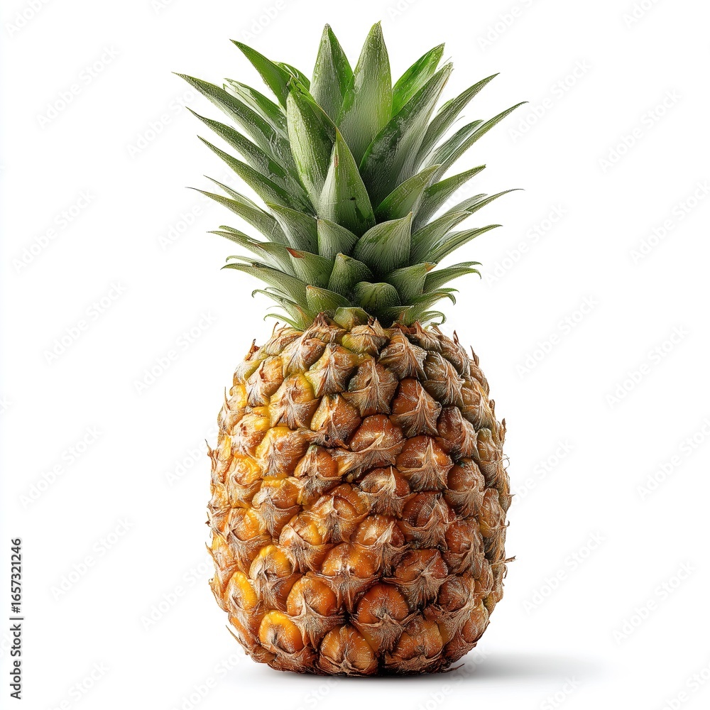 Fototapeta premium Ripe pineapple with spiky green leaves on white background