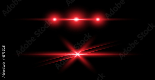 Red light effect reflections, neon illumination in red colors. Bright light lens. Police light effects, lines. Shiny stars, glowing sparks on a black background.