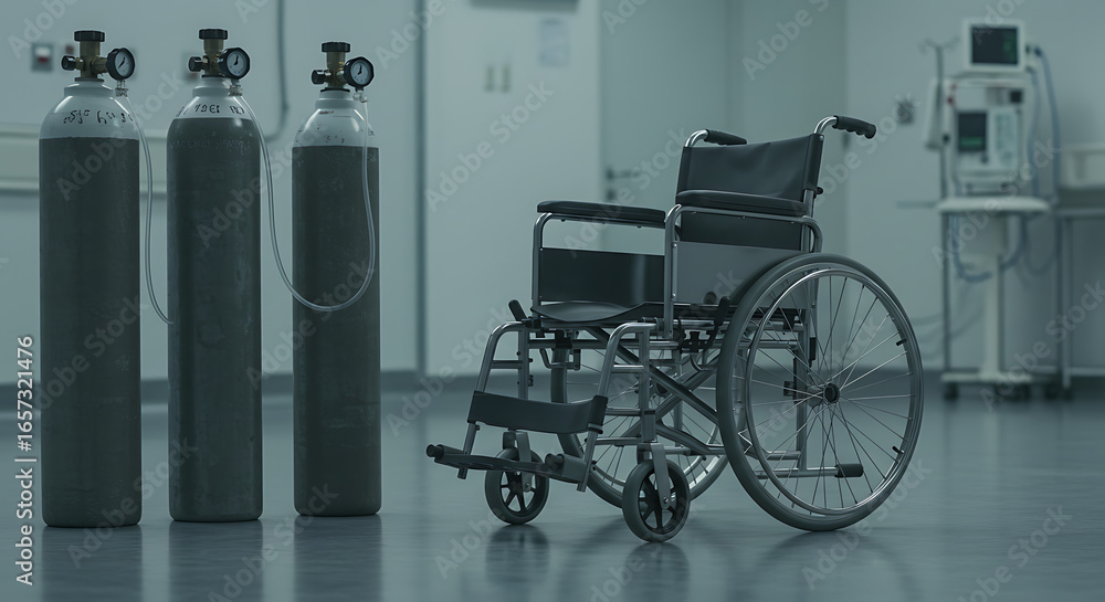 Fototapeta premium Medical equipment and wheelchair in a hospital room.