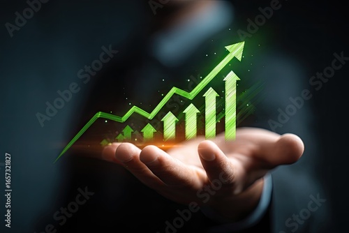Glowing green upward trend graph held in hand, symbolizing growth and success