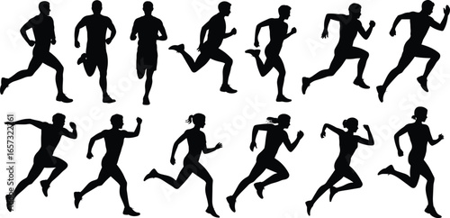 Silhouettes of male and female runners in various sprinting poses, dynamic motion, fitness, athletics, sports, exercise, healthy lifestyle, competition
