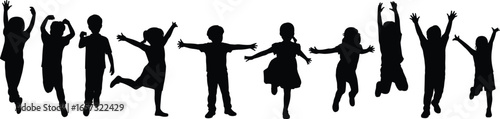 Silhouettes of happy children jumping, playing outdoors, expressing joy, energy, friendship, active kids, fun activity, carefree childhood, group of kids