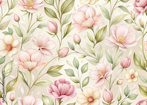 Delicate and seamless floral pattern with soft petals and gentle stems