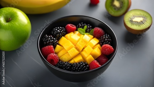 Delicious Mango, Raspberry, and Blackberry Fruit Salad in Black Bowl: Vibrant, Healthy, and Appealing Stock Photo