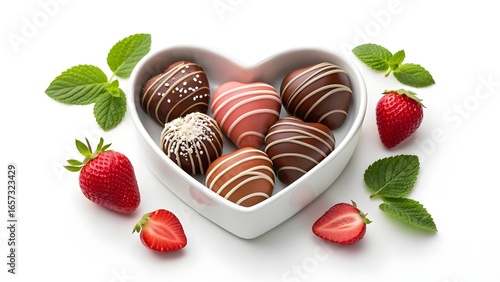 Gourmet Chocolate Heart-Shaped Candies with Fresh Strawberries and Mint in a Heart-Shaped Bowl: Romantic Valentine's Day Dessert