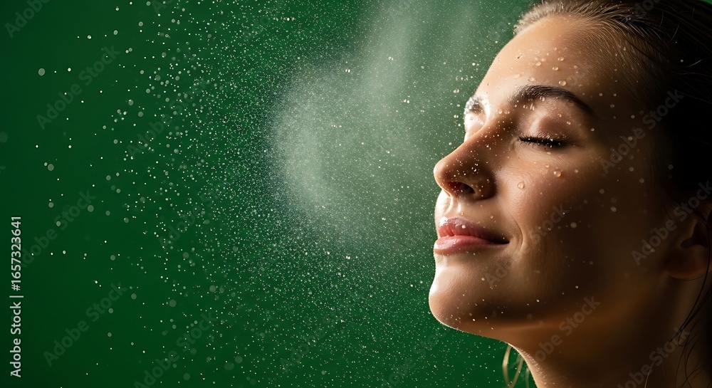 Fototapeta premium Close-up of a Relaxed Woman with Clear Skin and Closed Eyes in a Zen-Like Pose with Water Mist on Her Face, Emphasizing Wellness, Hydration, Beauty, Skincare, and Serenity for Spa and Self-Care