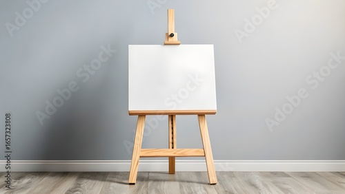 Blank Canvas on Wooden Easel, Minimalist Studio Setup, Neutral Gray Background, Modern Art Mockup, Clean and Simple Design, Ready for Your Artwork or Text