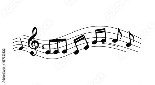 A wavy line of black musical notes and staff on white background