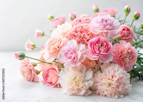 Delicate floral arrangement with blush and pink carnation flowers on a soft white background