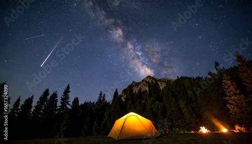 A captivating night sky filled with stars and a milky way, above a camping scene with a tent, trees, and a campfire.