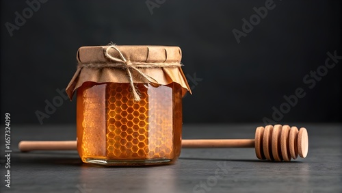 Artisan Honeycomb in Glass Jar with Wooden Honey Dipper, Rustic Dark Background, Gourmet Food Photography
