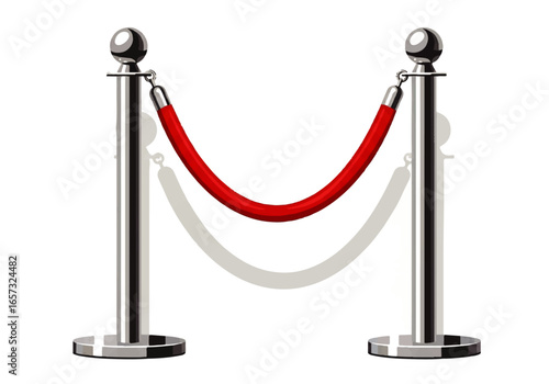 Polished Chrome Stanchions with Red Rope Barrier, Vector Illustration.