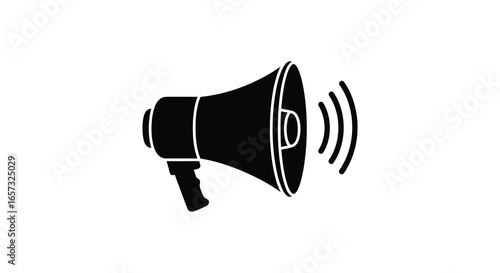 A black and white illustration of a megaphone making an announcement loudly
