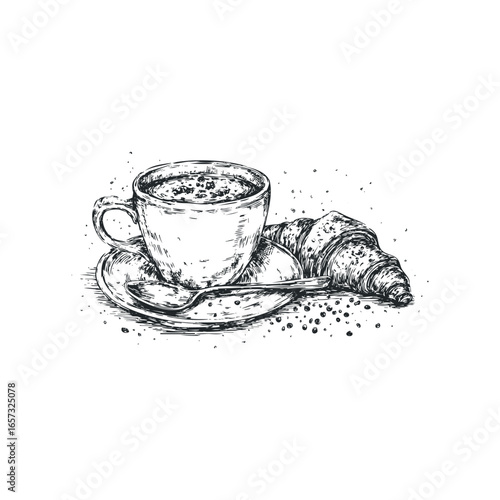 Espresso cup with saucer and croissant, black and white sketch