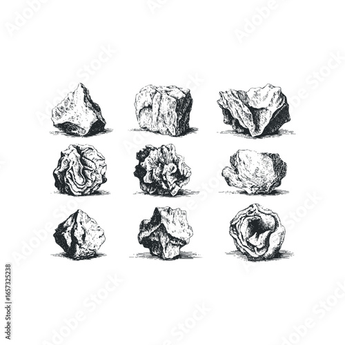 Collection of Hand Drawn Rock Specimens Showing Texture and Form