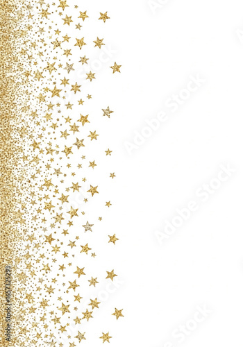 A vertical cascade of textured gold glitter stars and sparkling confetti dust forming a decorative falling border.
