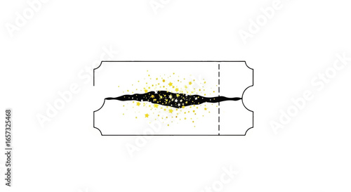 Minimalist black outline of a torn ticket with a magical, starry golden glitter tear.