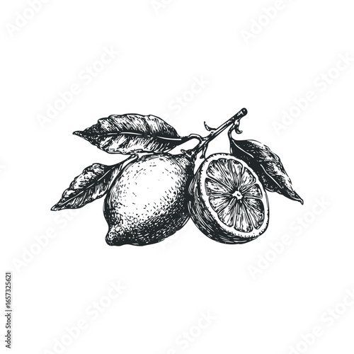 Sketch of a ripe lemon with leaves and stem