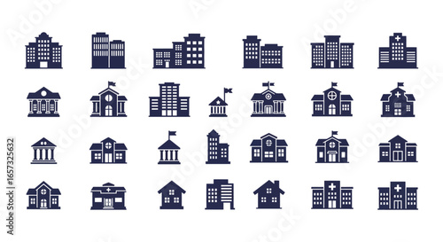 Collection of various building and house silhouettes in different architectural styles