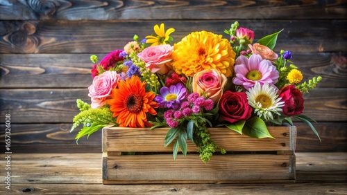 Colorful arrangement of flowers in a wooden box