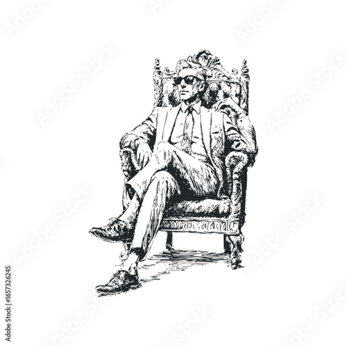 Man in Suit and Sunglasses Sitting Confidently in Ornate Chair