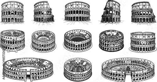 Hand-drawn architectural illustrations of the Roman Colosseum, ancient amphitheater, historical monument, perspective views, black and white sketch collection